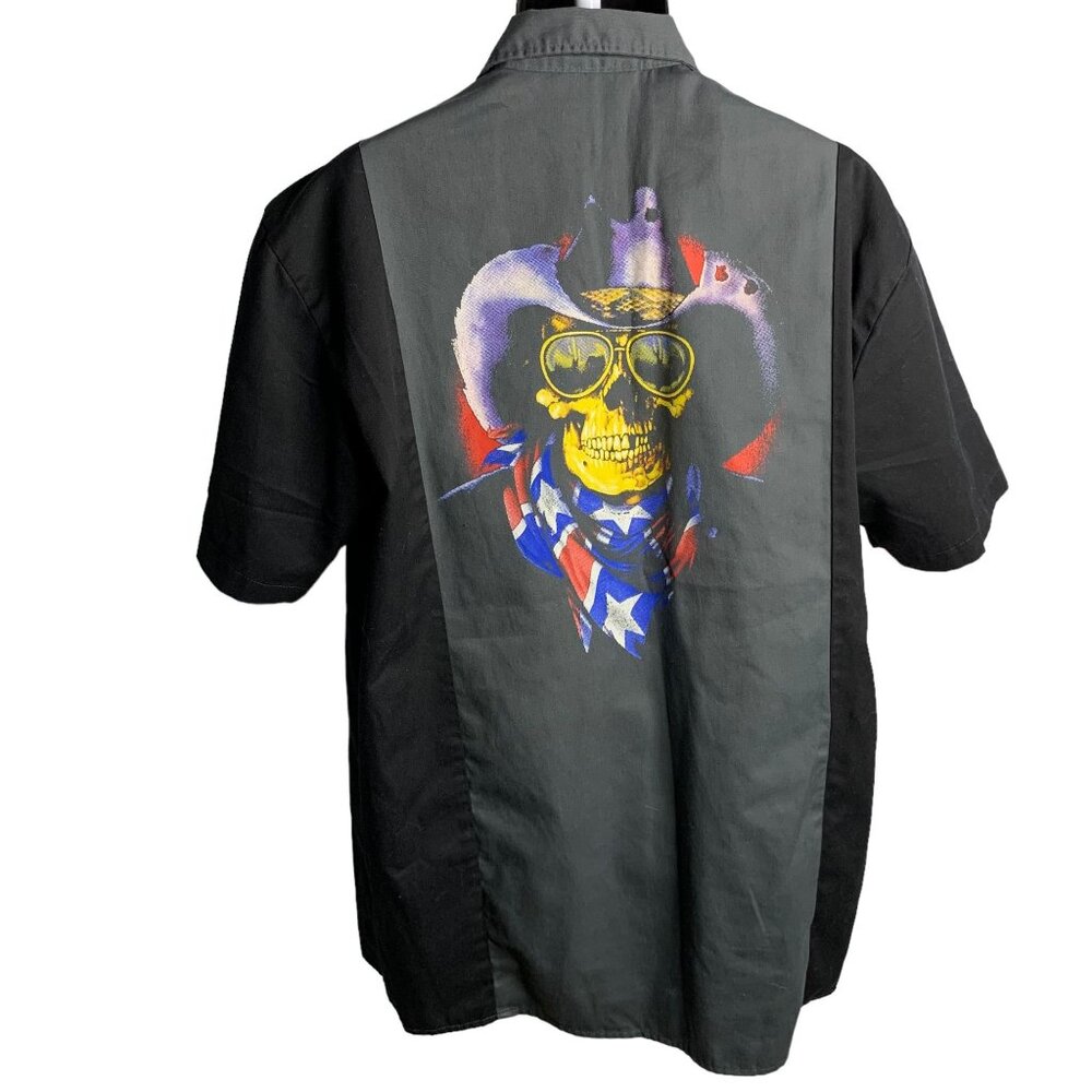 Dickies Sturgis Biker Work Shirt L Grey Button Up Pockets Skull Short Sleeves